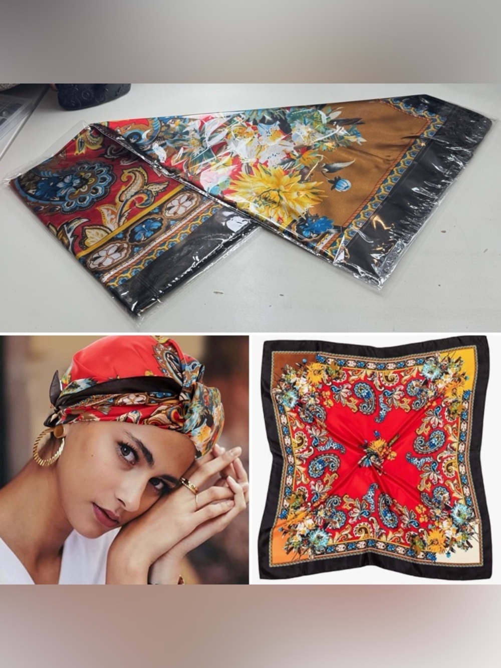 3/$15 Head Scarf Women Satin Square Head Scarf Fashion Sleep Black & Red Paisley